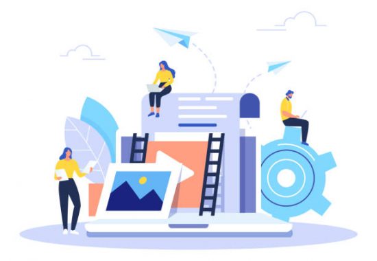 Engaging content, blogging, media planning, promotion in social network concept. Flat vector illustration.